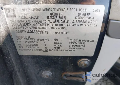 2008 Chevrolet Hhr Ls из США, поврежденный, VIN 3GNCA13D68S699712